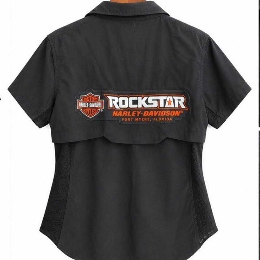Harley-Davidson Work Shirt Small Black Rockstar Dealer Staff Short Sleeve Patch